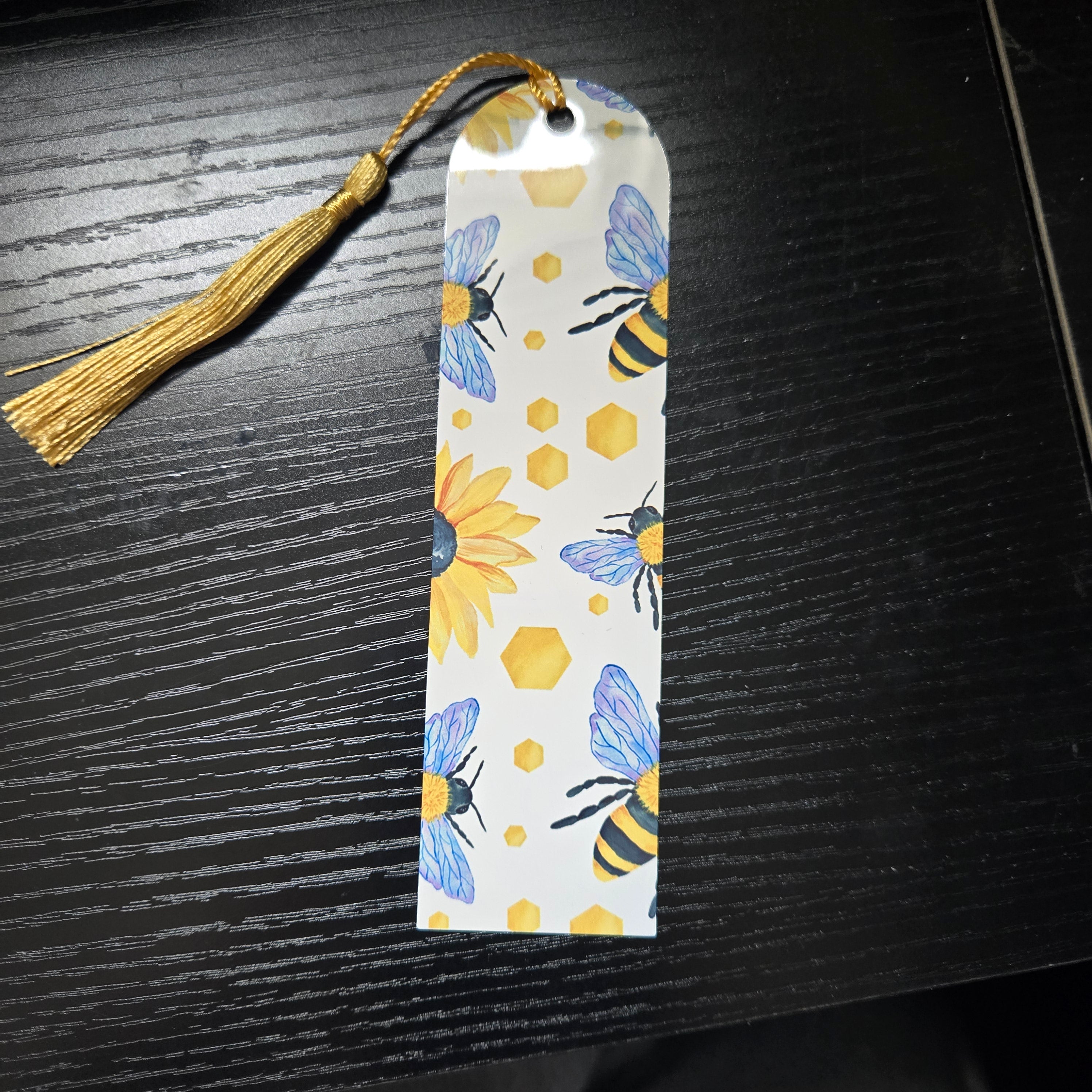 Marque-page aluminium avec pompon - Tournesol et abeilles