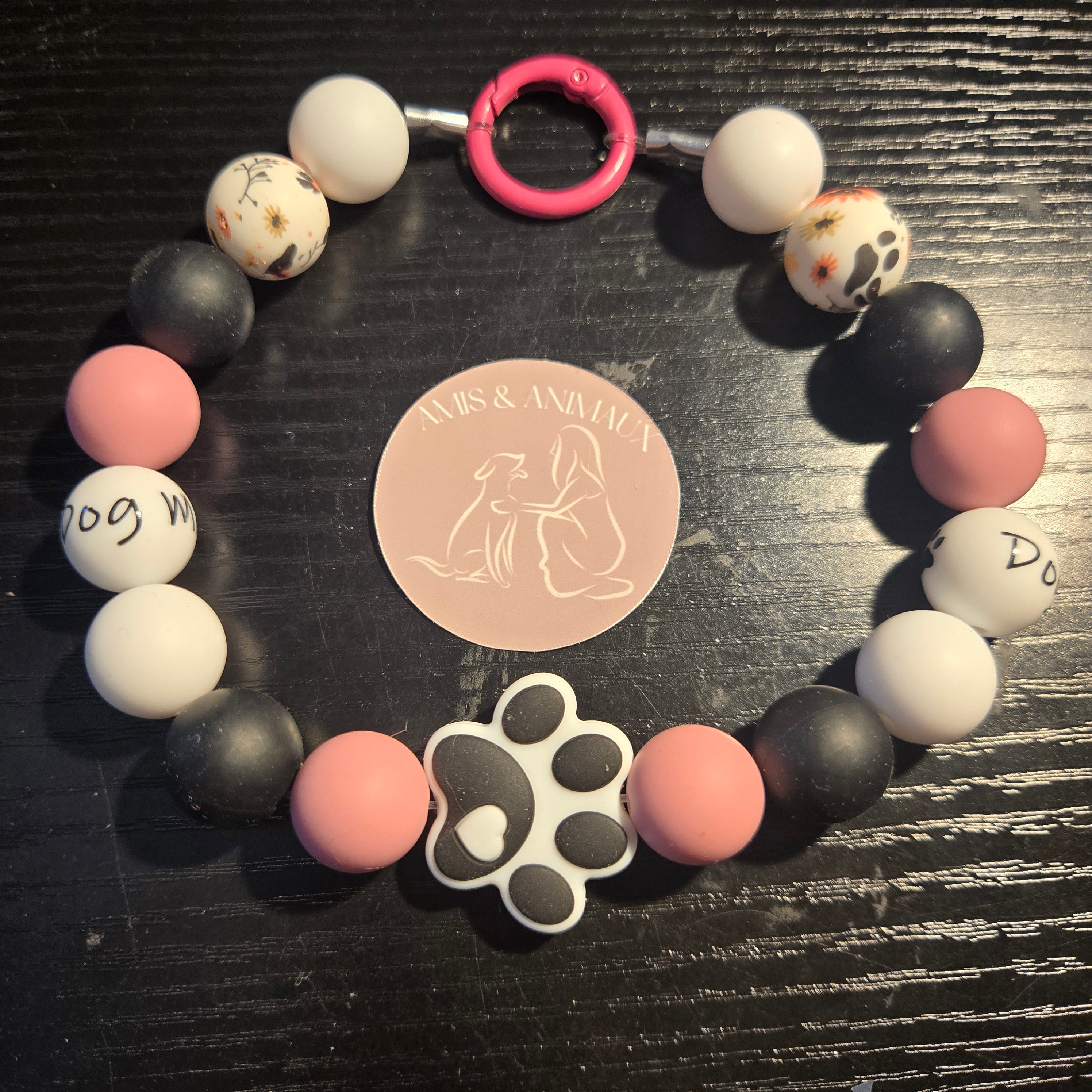 Collier et bracelet en perle silicone - Patte de chien, rose, noir et blanc