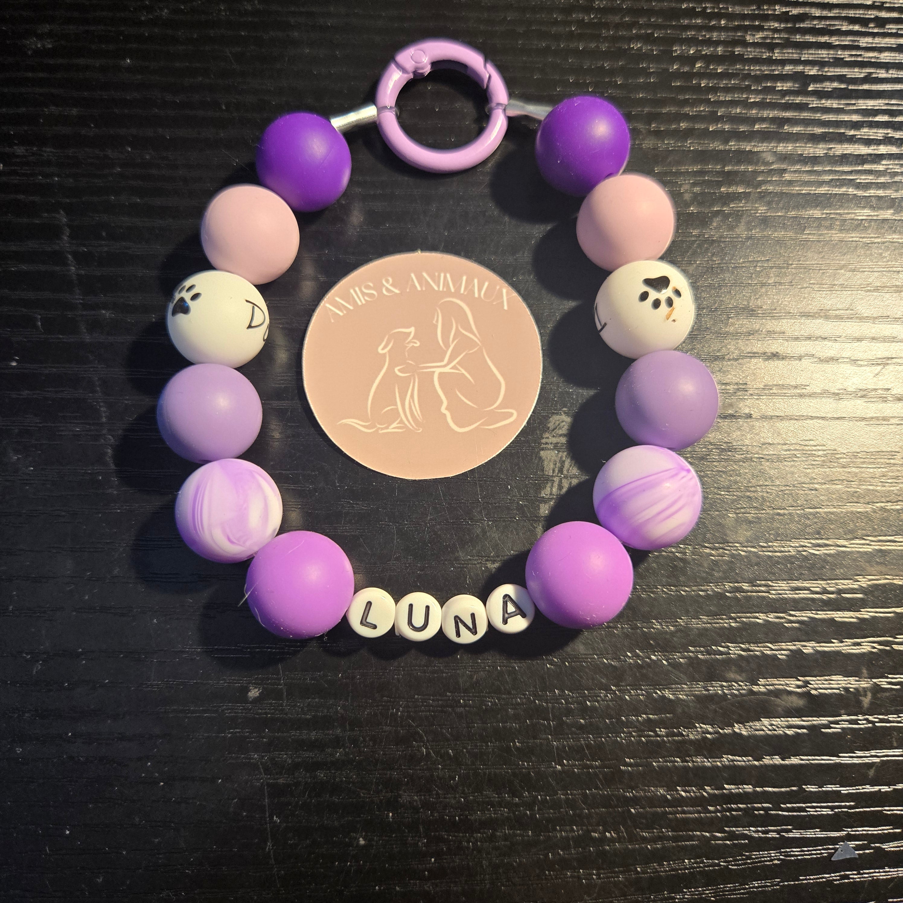 Ensemble collier & bracelet en perle silicone mauve - Personnaliser avec nom