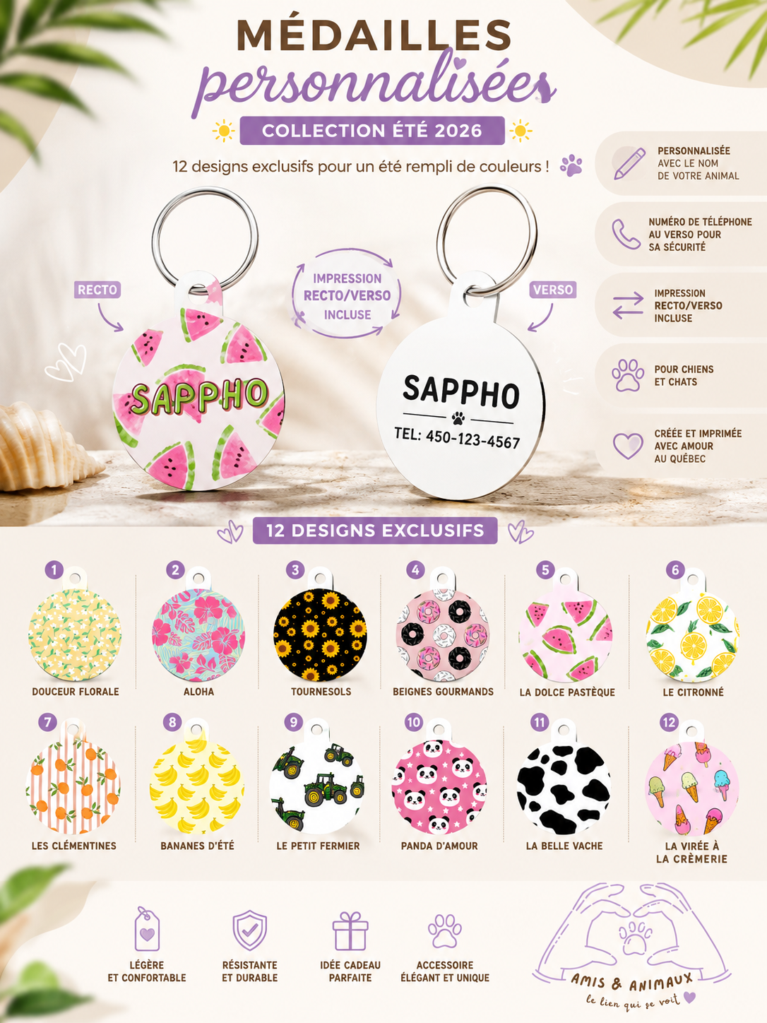 Médaille personnalisée pour chien et chat - format rond | Collection Été 2026 | Amis & Animaux